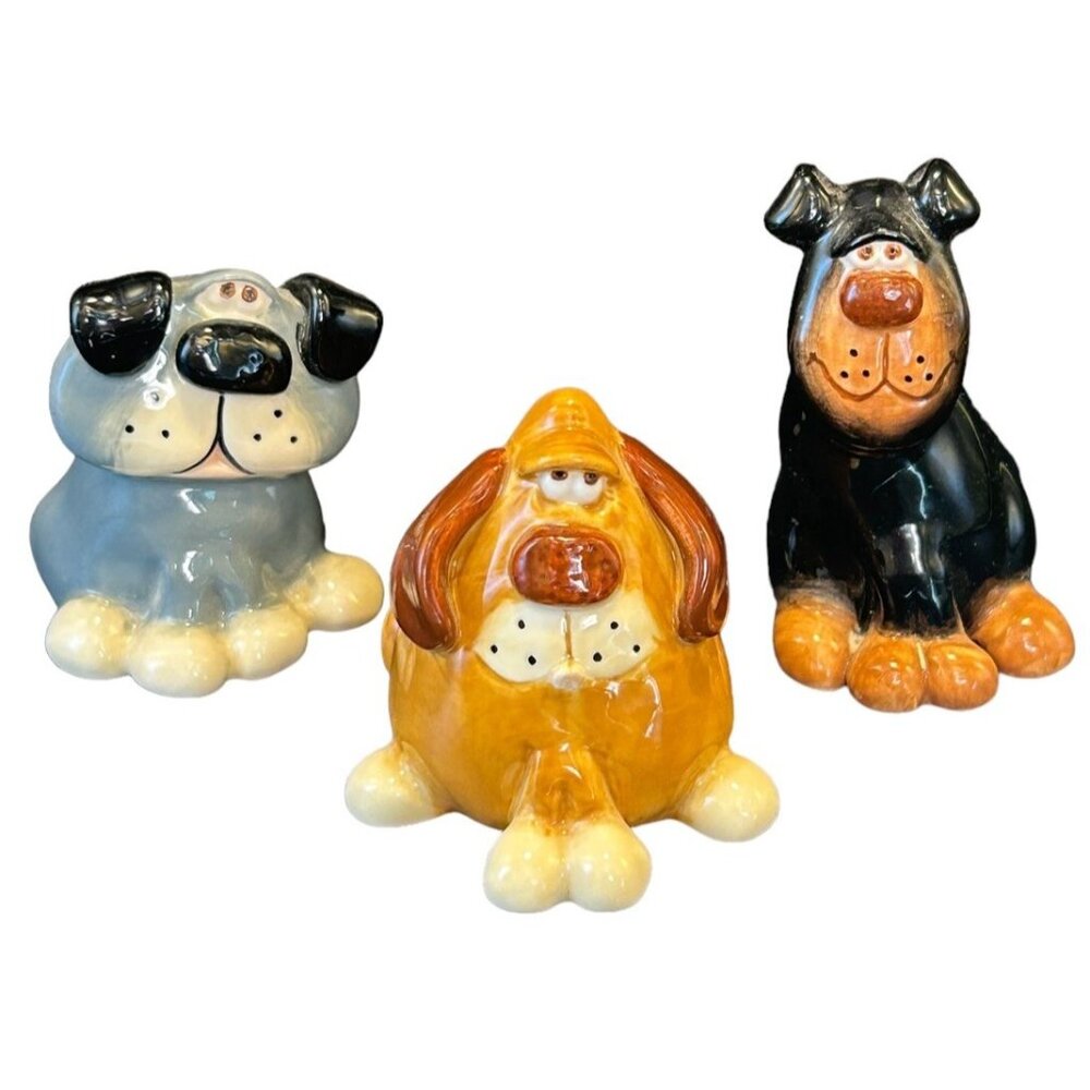 Set of 3 Ceramic Dog Figurines by Douglas, Signed Collect Clay Art Adorable